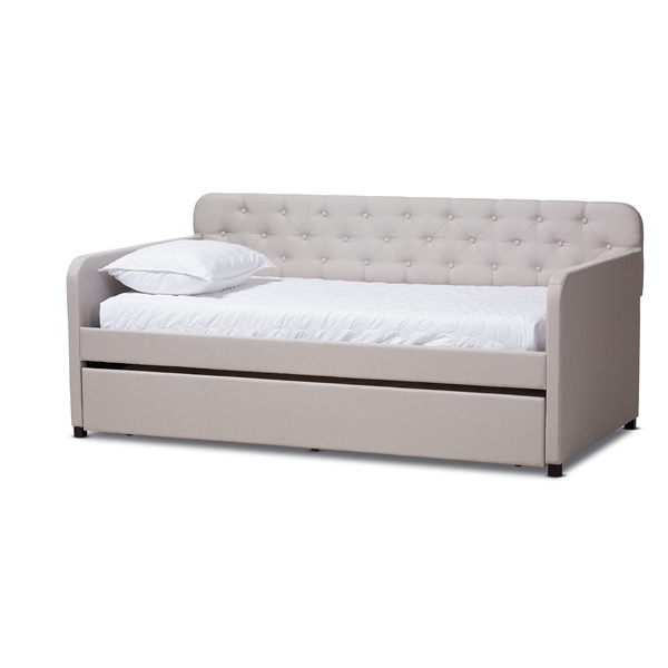 baxton studio Baxton Studio Camelia Modern and Contemporary Beige Fabric Upholstered Button-Tufted Twin Size Sofa Daybed with Roll-Out Trundle Guest Bed