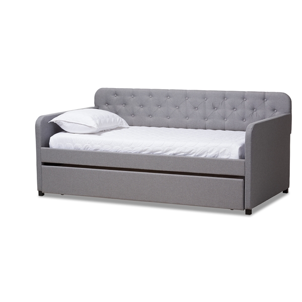 baxton studio Baxton Studio Camelia Modern and Contemporary Grey Fabric Upholstered Button-Tufted Twin Size Sofa Daybed with Roll-Out Trundle Guest Bed