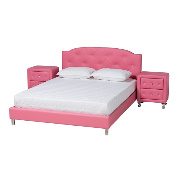 baxton studio Baxton Studio Canterbury Contemporary Glam Pink Faux Leather Upholstered Queen Size 3-Piece Bedroom Set