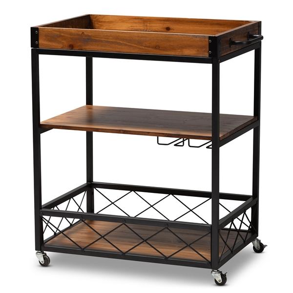 baxton studio Baxton Studio Capri Vintage Rustic Industrial Oak Brown and Black Finished Mobile Metal Bar Cart with Stemware Rack
