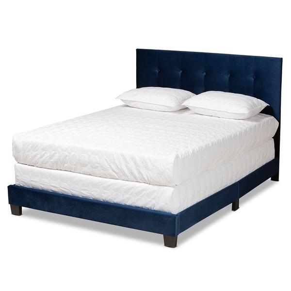 baxton studio Baxton Studio Caprice Modern and Contemporary Glam Navy Blue Velvet Fabric Upholstered Queen Size Panel Bed