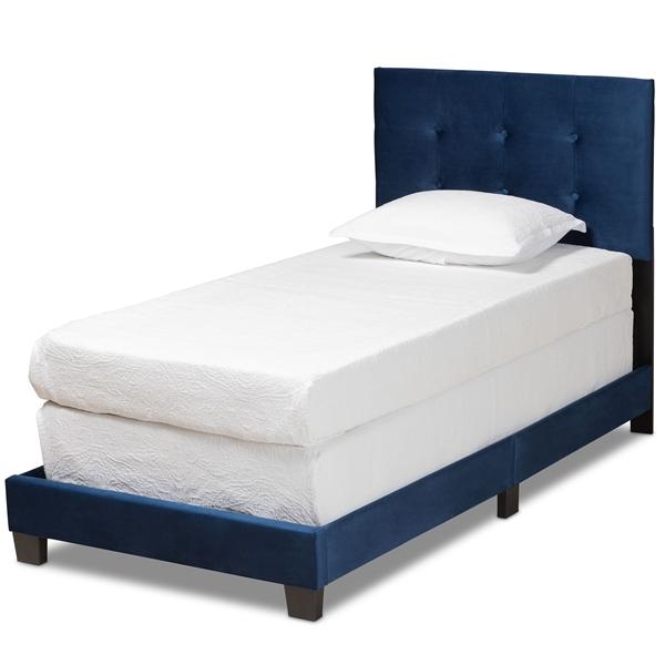 baxton studio Baxton Studio Caprice Modern and Contemporary Glam Navy Blue Velvet Fabric Upholstered Twin Size Panel Bed
