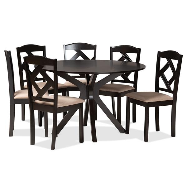 baxton studio Baxton Studio Carlin Sand Fabric Upholstered and Dark Brown Finished Wood 7-Piece Dining Set