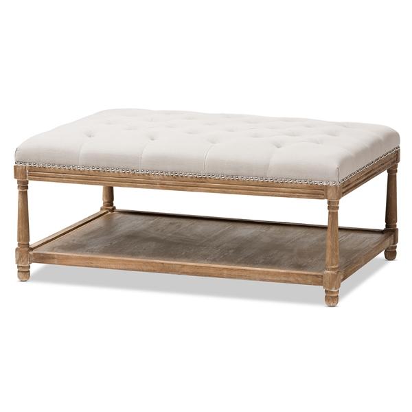 baxton studio Baxton Studio Carlotta French Country Weathered Oak Beige Linen Rectangular Coffee Table Ottoman