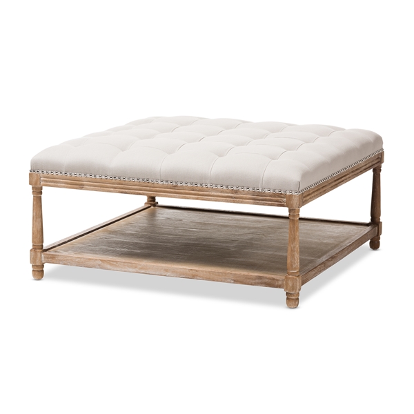 baxton studio Baxton Studio Carlotta French Country Weathered Oak Beige Linen Square Coffee Table Ottoman