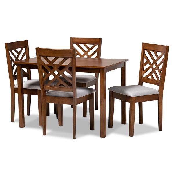 baxton studio Baxton Studio Caron Modern and Contemporary Grey Fabric Upholstered Walnut Brown Finished Wood 5-Piece Dining Set