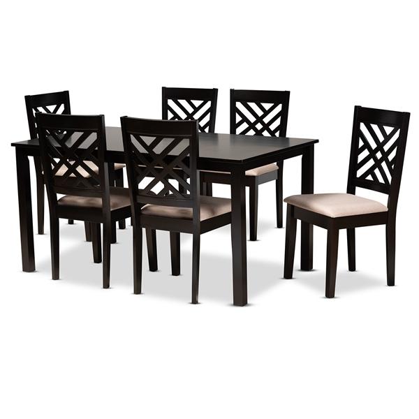 baxton studio Baxton Studio Caron Modern and Contemporary Sand Fabric Upholstered Espresso Brown Finished Wood 7-Piece Dining Set