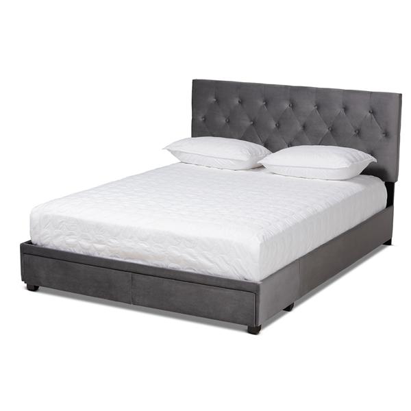 baxton studio Baxton Studio Caronia Modern and Contemporary Grey Velvet Fabric Upholstered 2-Drawer King Size Platform Storage Bed