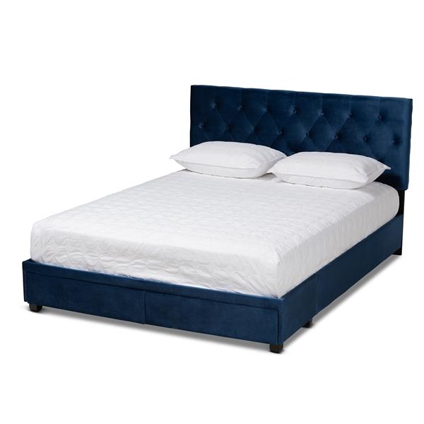 baxton studio Baxton Studio Caronia Modern and Contemporary Navy Blue Velvet Fabric Upholstered 2-Drawer Queen Size Platform Storage Bed