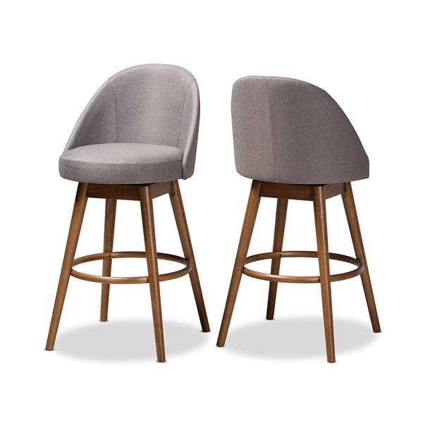 baxton studio Baxton Studio Carra Mid-Century Modern Grey Fabric Upholstered Walnut-Finished Wood Swivel Bar Stool (Set of 2)
