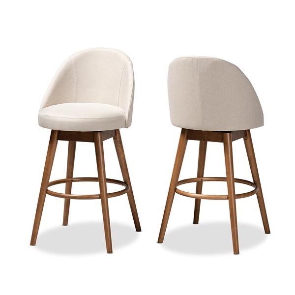 baxton studio Baxton Studio Carra Mid-Century Modern Light Beige Fabric Upholstered Walnut-Finished Wood 2-Piece Swivel Bar Stool Set