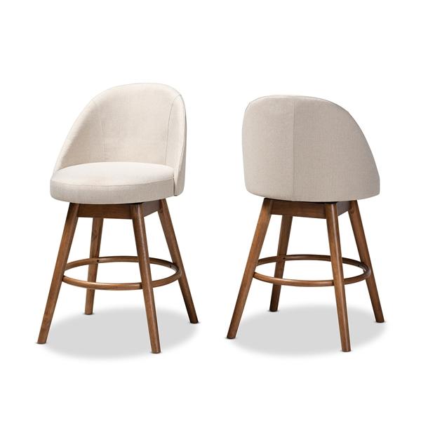 baxton studio Baxton Studio Carra Mid-Century Modern Light Beige Fabric Upholstered Walnut-Finished Wood Swivel Counter Stool (Set of 2)