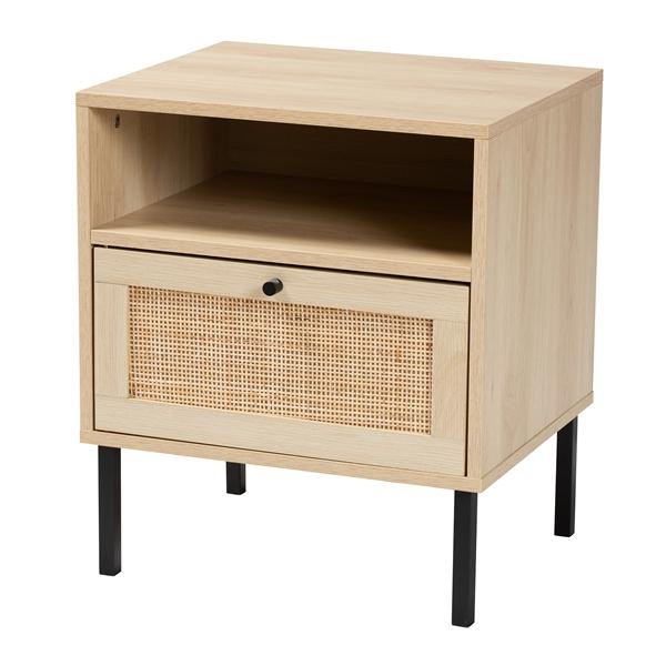 baxton studio Baxton Studio Caterina Mid-Century Modern Transitional Natural Brown Finished Wood and Natural Rattan 1-Door End Table