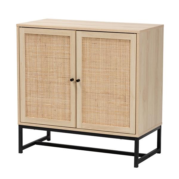 baxton studio Baxton Studio Caterina Mid-Century Modern Transitional Natural Brown Finished Wood and Natural Rattan 2-Door Storage Cabinet