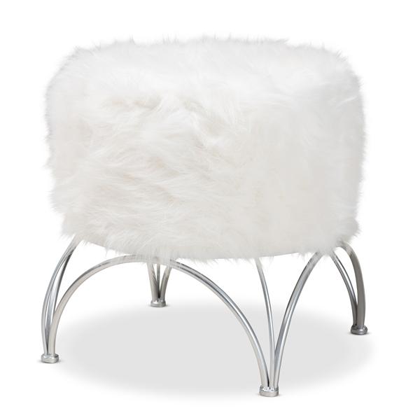 baxton studio Baxton Studio Celia Modern and Contemporary White Faux Fur Upholstered Silver Metal Ottoman