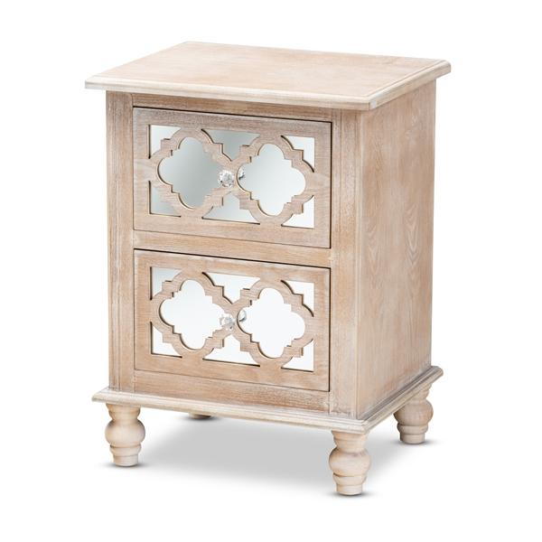 baxton studio Baxton Studio Celia Transitional Rustic French Country White-Washed Wood and Mirror 2-Drawer Quatrefoil End Table