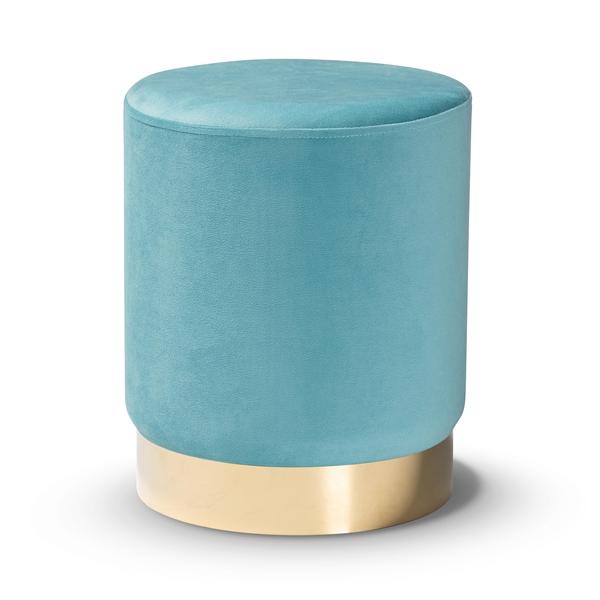 baxton studio Baxton Studio Chaela Contemporary Glam and Luxe Sky Blue Velvet Fabric Upholstered and Gold Finished Metal Ottoman