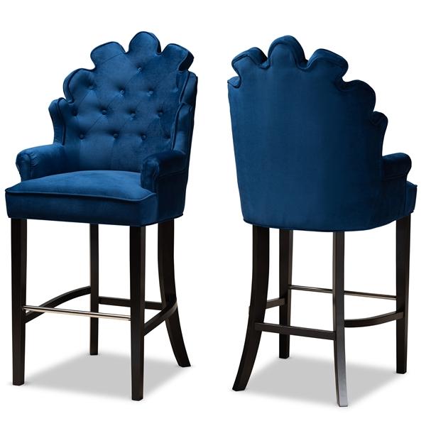baxton studio Baxton Studio Chloe Modern and Contemporary Navy Blue Velvet Upholstered and Dark Brown Finished Wood 2-Piece Bar Stool Set