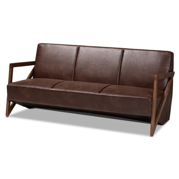 baxton studio Baxton Studio Christa Mid-Century Modern Transitional Dark Brown Faux Leather Effect Fabric Upholstered and Walnut Brown Finished Wood Sofa