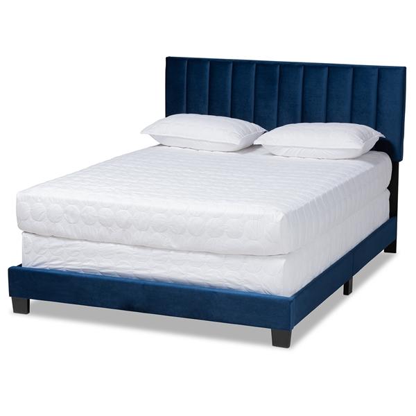 baxton studio Baxton Studio Clare Glam and Luxe Navy Blue Velvet Fabric Upholstered Queen Size Panel Bed with Channel Tufted Headboard