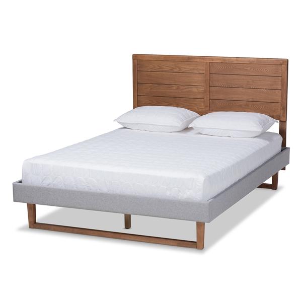 baxton studio Baxton Studio Claudia Rustic Modern Light Grey Fabric Upholstered and Walnut Brown Finished Wood Full Size Platform Bed