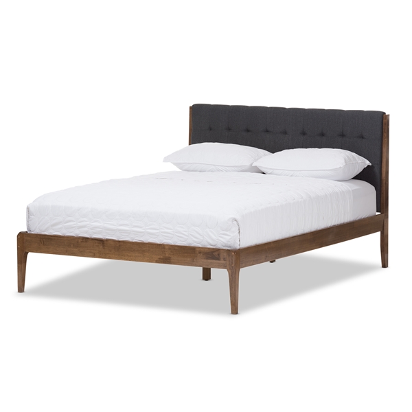 baxton studio Baxton Studio Clifford Mid-Century Dark Grey Fabric and Medium Brown Finish Wood Queen Size Platform Bed