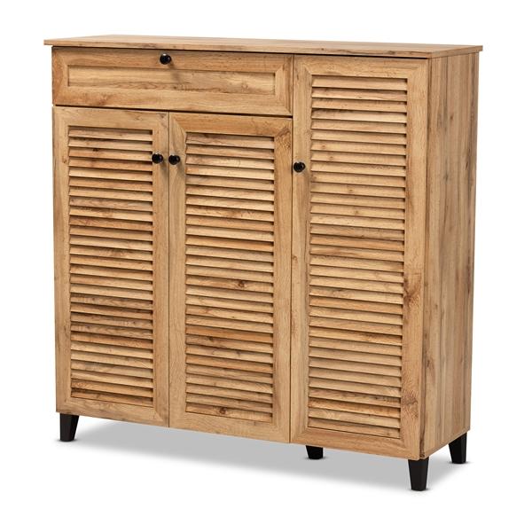 baxton studio Baxton Studio Coolidge Modern and Contemporary Oak Brown Finished Wood 3-Door Shoe Storage Cabinet with Drawer