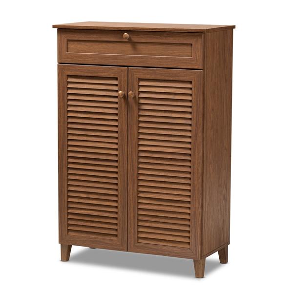 baxton studio Baxton Studio Coolidge Modern and Contemporary Walnut Finished 5-Shelf Wood Shoe Storage Cabinet with Drawer