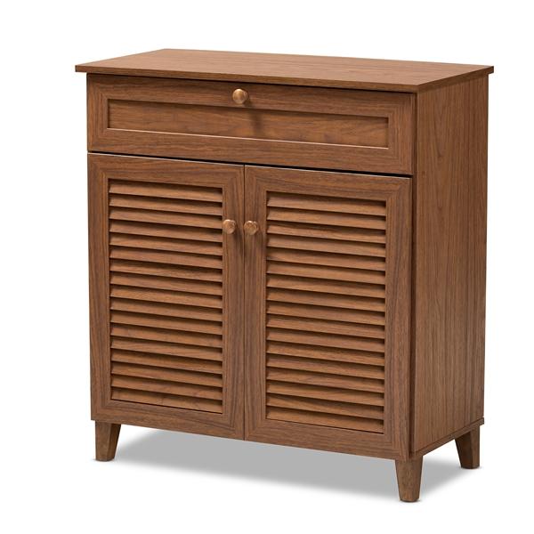 baxton studio Baxton Studio Coolidge Modern and Contemporary Walnut Finished 4-Shelf Wood Shoe Storage Cabinet with Drawer