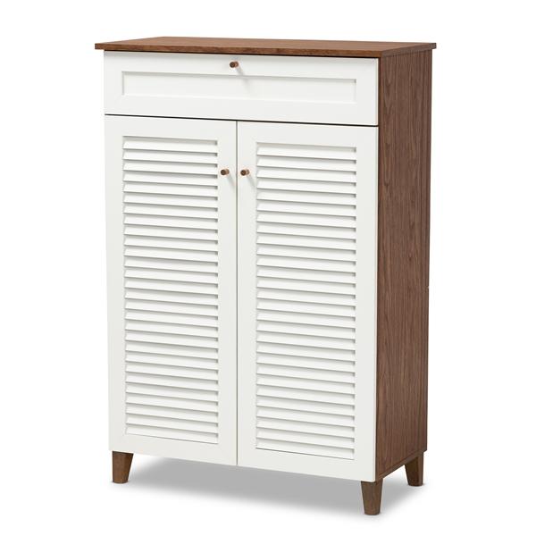 baxton studio Baxton Studio Coolidge Modern and Contemporary White and Walnut Finished 5-Shelf Wood Shoe Storage Cabinet with Drawer