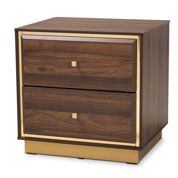 baxton studio Baxton Studio Cormac Mid-Century Modern Transitional Walnut Brown Finished Wood and Gold Metal 2-Drawer Nightstand