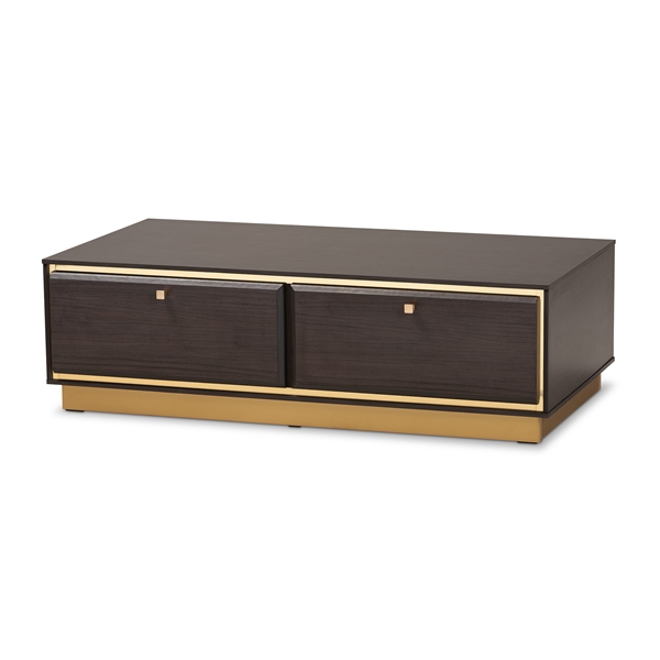baxton studio Baxton Studio Cormac Mid-Century Modern Transitional Dark Brown Finished Wood and Gold Metal 2-Drawer Coffee Table