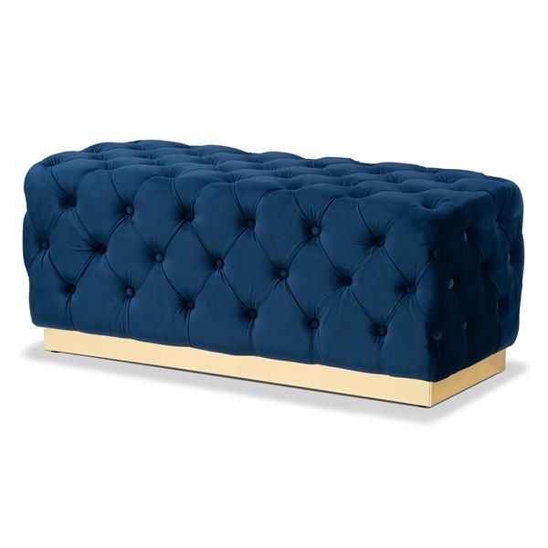 baxton studio Baxton Studio Corrine Glam and Luxe Navy Blue Velvet Fabric Upholstered and Gold PU Leather Ottoman