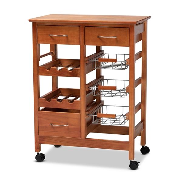 baxton studio Baxton Studio Crayton Modern and Contemporary Oak Brown Finished Wood and Silver-Tone Metal Mobile Kitchen Storage Cart