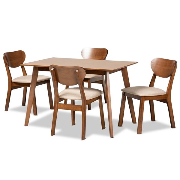 baxton studio Baxton Studio Damara Mid-Century Modern Sand Fabric Upholstered and Walnut Brown Finished Wood 5-Piece Dining Set