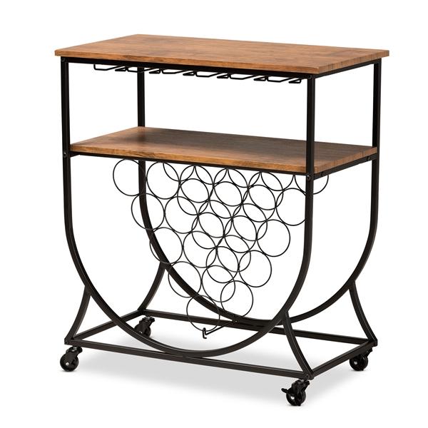 baxton studio Baxton Studio Dania Antique Vintage Industrial Black Metal and Walnut Finished Wood Mobile Wine Bar Cart