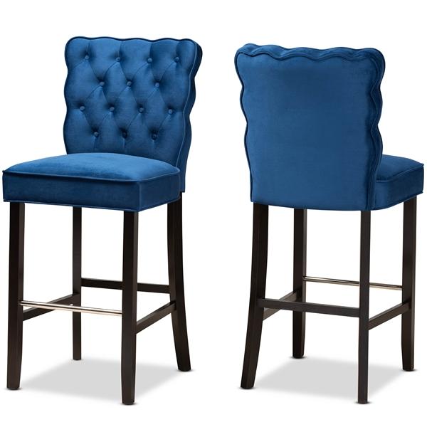 baxton studio Baxton Studio Daphne Modern and Contemporary Navy Blue Velvet Fabric Upholstered and Dark Brown Finished Wood 2-Piece Bar Stool Set
