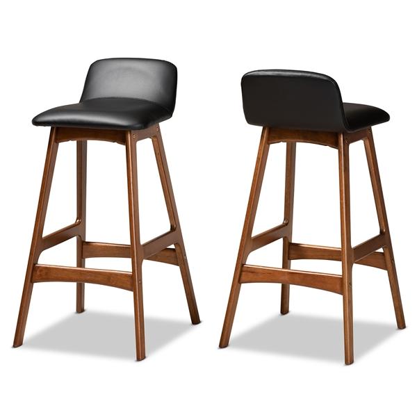 baxton studio Baxton Studio Darrin Mid-Century Modern Black Faux Leather Upholstered and Walnut Brown Finished Wood 2-Piece Bar Stool Set