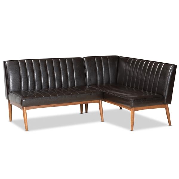 baxton studio Baxton Studio Daymond Mid-Century Modern Dark Brown Faux Leather Upholstered and Walnut Brown Finished Wood 2-Piece Dining Nook Banquette Set