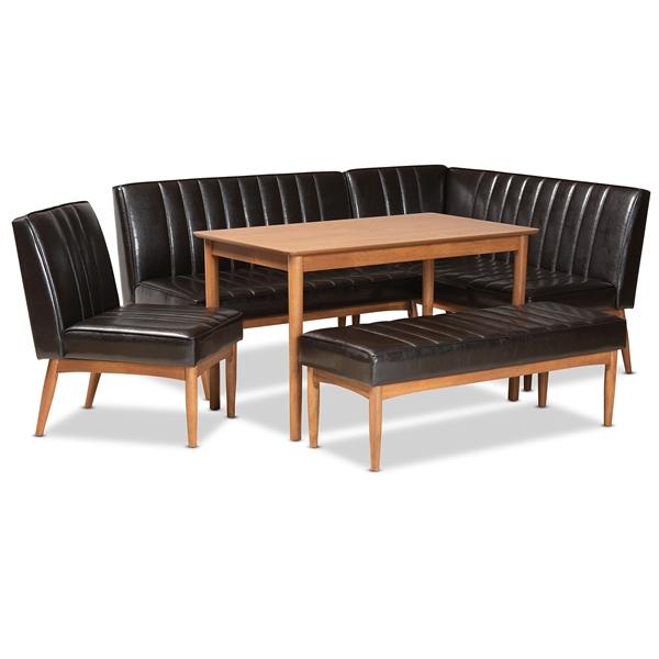 baxton studio Baxton Studio Daymond Mid-Century Modern Dark Brown Faux Leather Upholstered and Walnut Brown Finished Wood 5-Piece Dining Nook Set