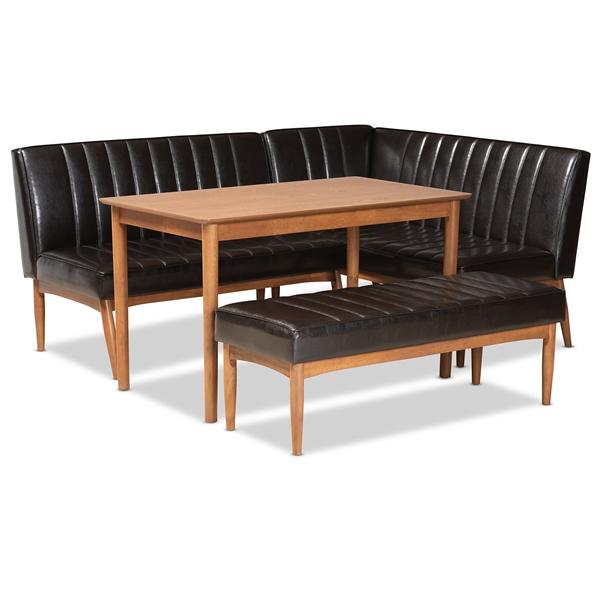 baxton studio Baxton Studio Daymond Mid-Century Modern Dark Brown Faux Leather Upholstered and Walnut Brown Finished Wood 4-Piece Dining Nook Set
