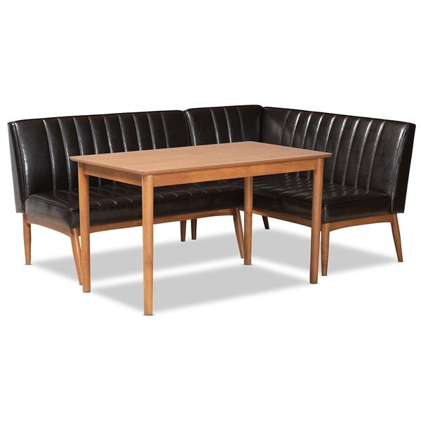 baxton studio Baxton Studio Daymond Mid-Century Modern Dark Brown Faux Leather Upholstered and Walnut Brown Finished Wood 3-Piece Dining Nook Set
