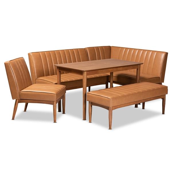 baxton studio Baxton Studio Daymond Mid-Century Modern Tan Faux Leather Upholstered and Walnut Brown Finished Wood 5-Piece Dining Nook Set