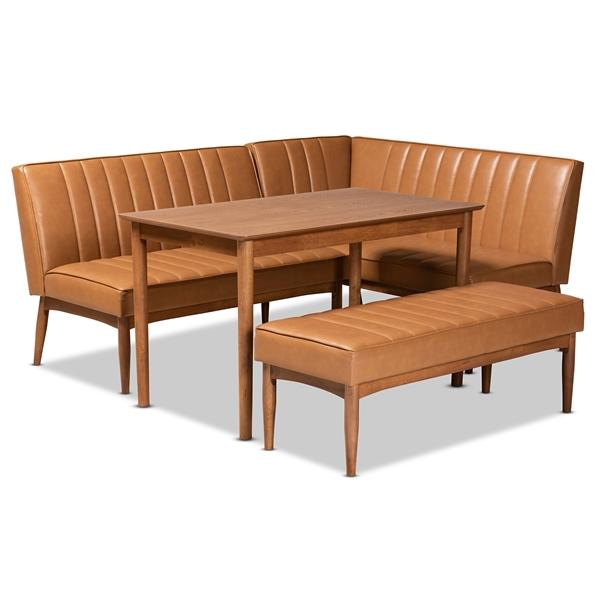 baxton studio Baxton Studio Daymond Mid-Century Modern Tan Faux Leather Upholstered and Walnut Brown Finished Wood 4-Piece Dining Nook Set