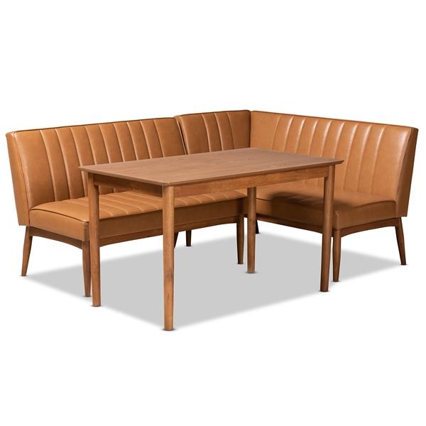 baxton studio Baxton Studio Daymond Mid-Century Modern Tan Faux Leather Upholstered and Walnut Brown Finished Wood 3-Piece Dining Nook Set