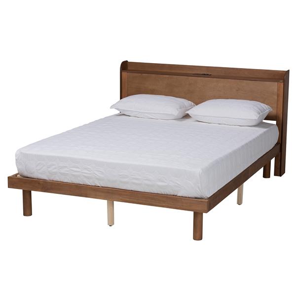 baxton studio Baxton Studio Decker Mid-Century Modern Transitional Walnut Brown Finished Wood Queen Size Platform Bed with Charging Station