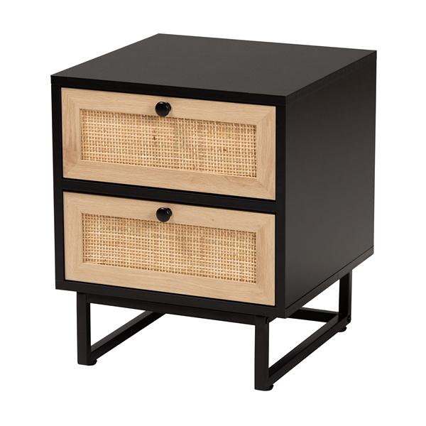 baxton studio Baxton Studio Declan Mid-Century Modern Espresso Brown Finished Wood and Natural Rattan 2-Drawer End Table