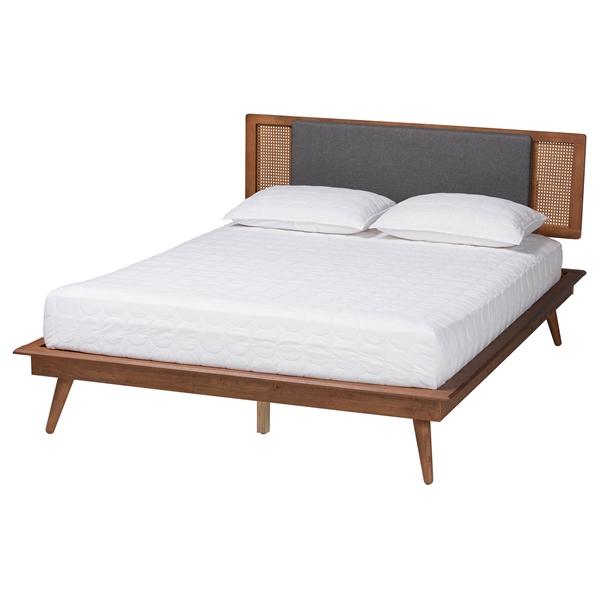 baxton studio Baxton Studio Delfina Mid-Century Modern Dark Grey Fabric and Walnut Brown Finished Wood King Size Platform Bed