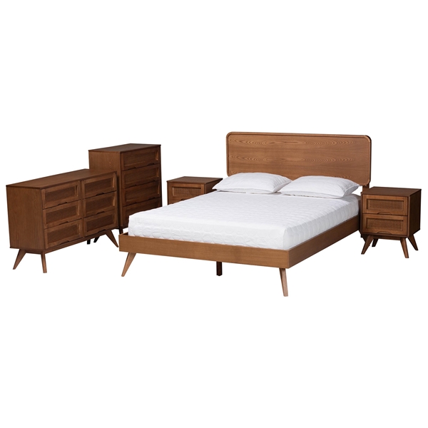 baxton studio Baxton Studio Demeter Mid-Century Modern Walnut Brown Finished Wood Full Size 5-Piece Bedroom Set