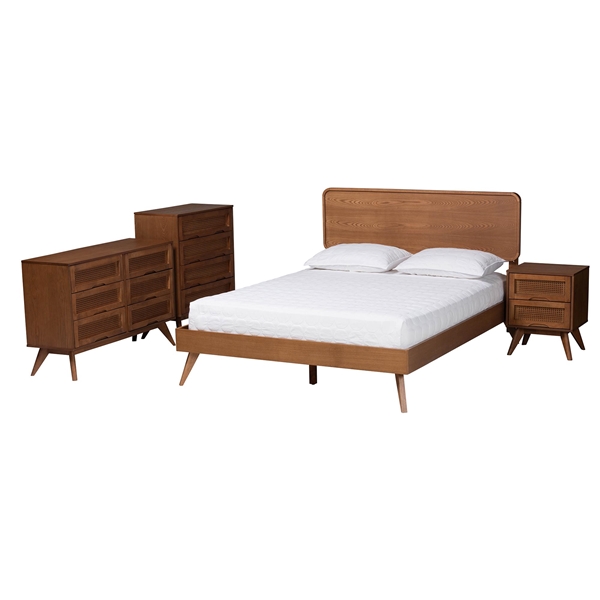 baxton studio Baxton Studio Demeter Mid-Century Modern Walnut Brown Finished Wood Full Size 4-Piece Bedroom Set